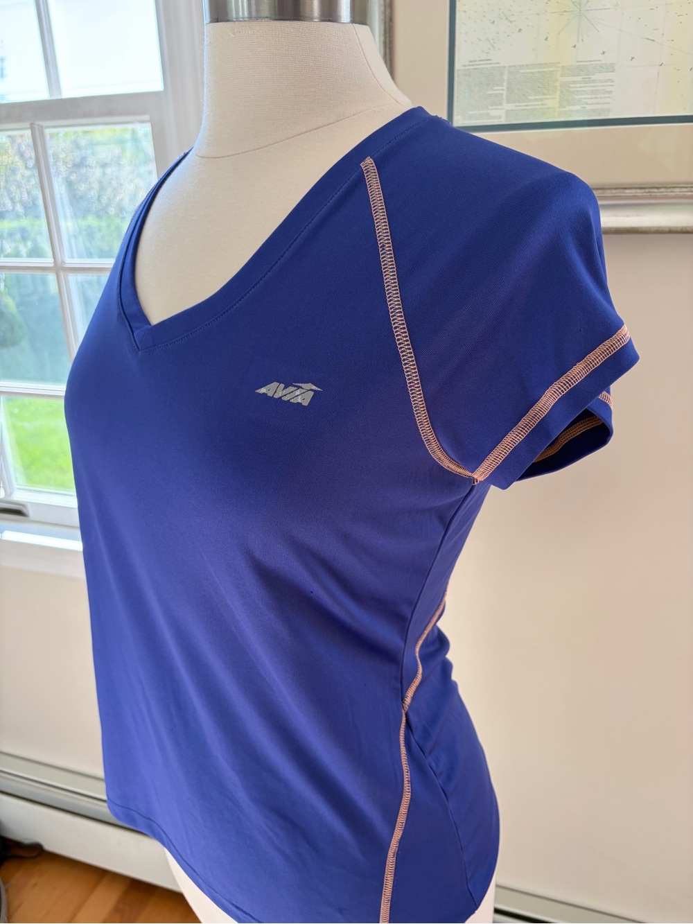 Avia Blue V-Neck Short Sleeve Performance Tee with Pink Piping